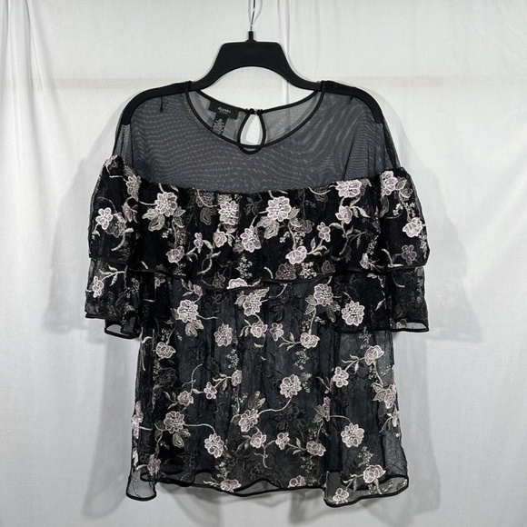 NEW $120 Alfani [ 2X ] Embroidered‎ Ruffle Illusion Top in Black Purple - Picture 4 of 12